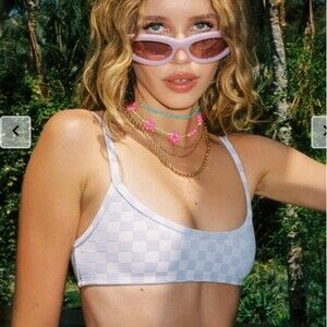 Frankies Bikinis Dallas Purple Check Jacquard Bralette Bikini Top Size XL